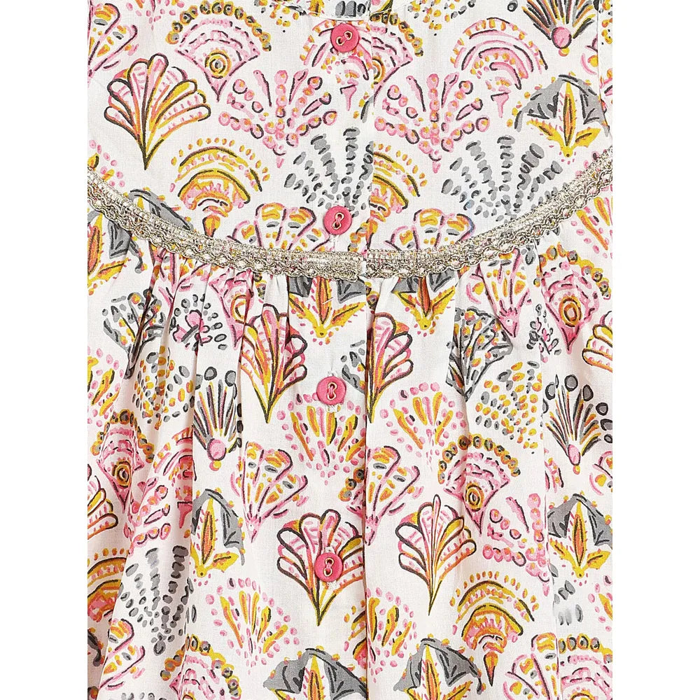 Campana Revathi Block Print Cotton Kurti Pants Set | White & Pink