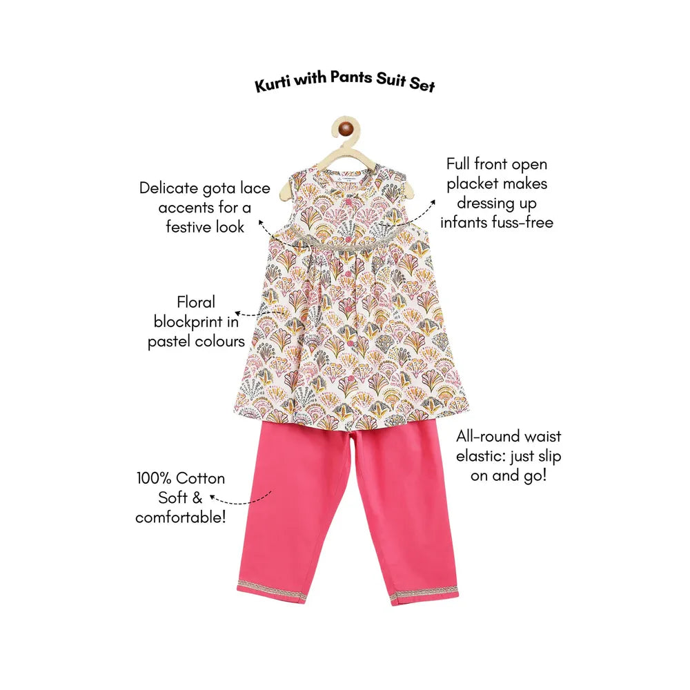 Campana Revathi Block Print Cotton Kurti Pants Set | White & Pink