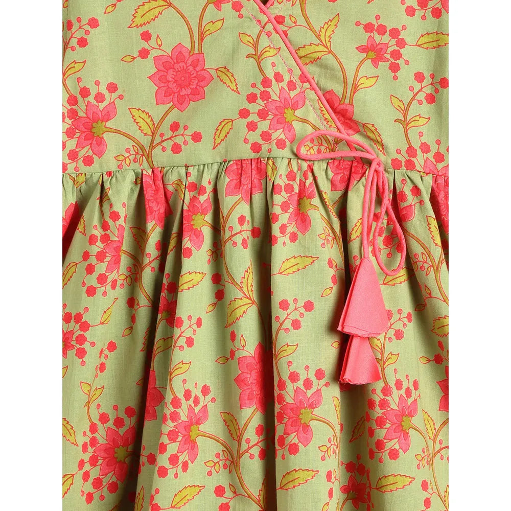 Campana Nihira Floral Printed Kurta Pants Set | Green & Peach
