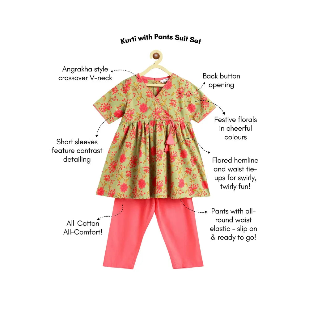 Campana Nihira Floral Printed Kurta Pants Set | Green & Peach