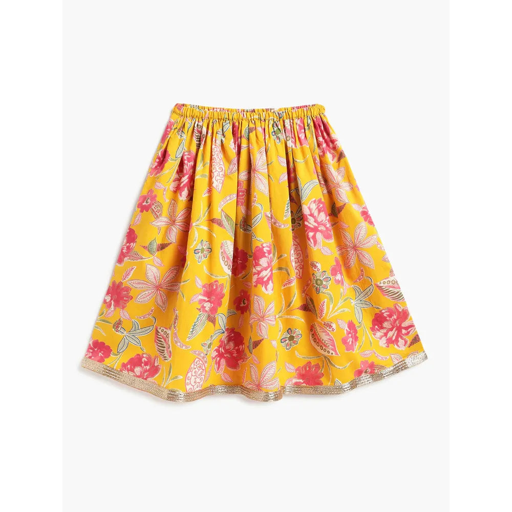 Campana Heera Lehenga Choli Set - Floral Block & Jaal Print | Yellow & Pink