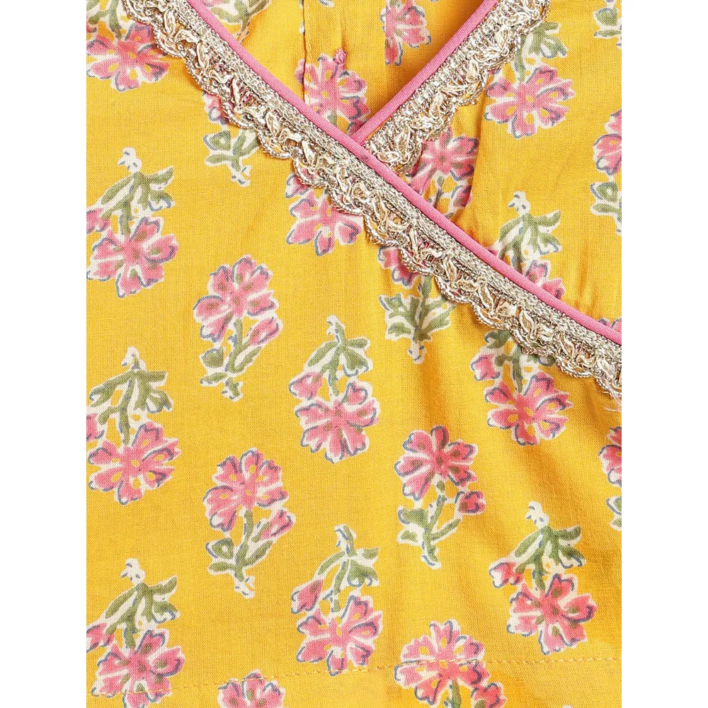 Campana Heera Lehenga Choli Set - Floral Block & Jaal Print | Yellow & Pink
