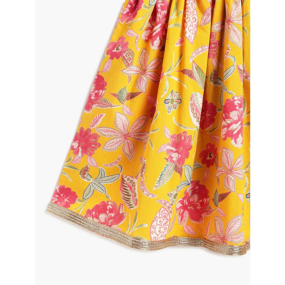 Campana Heera Lehenga Choli Set - Floral Block & Jaal Print | Yellow & Pink