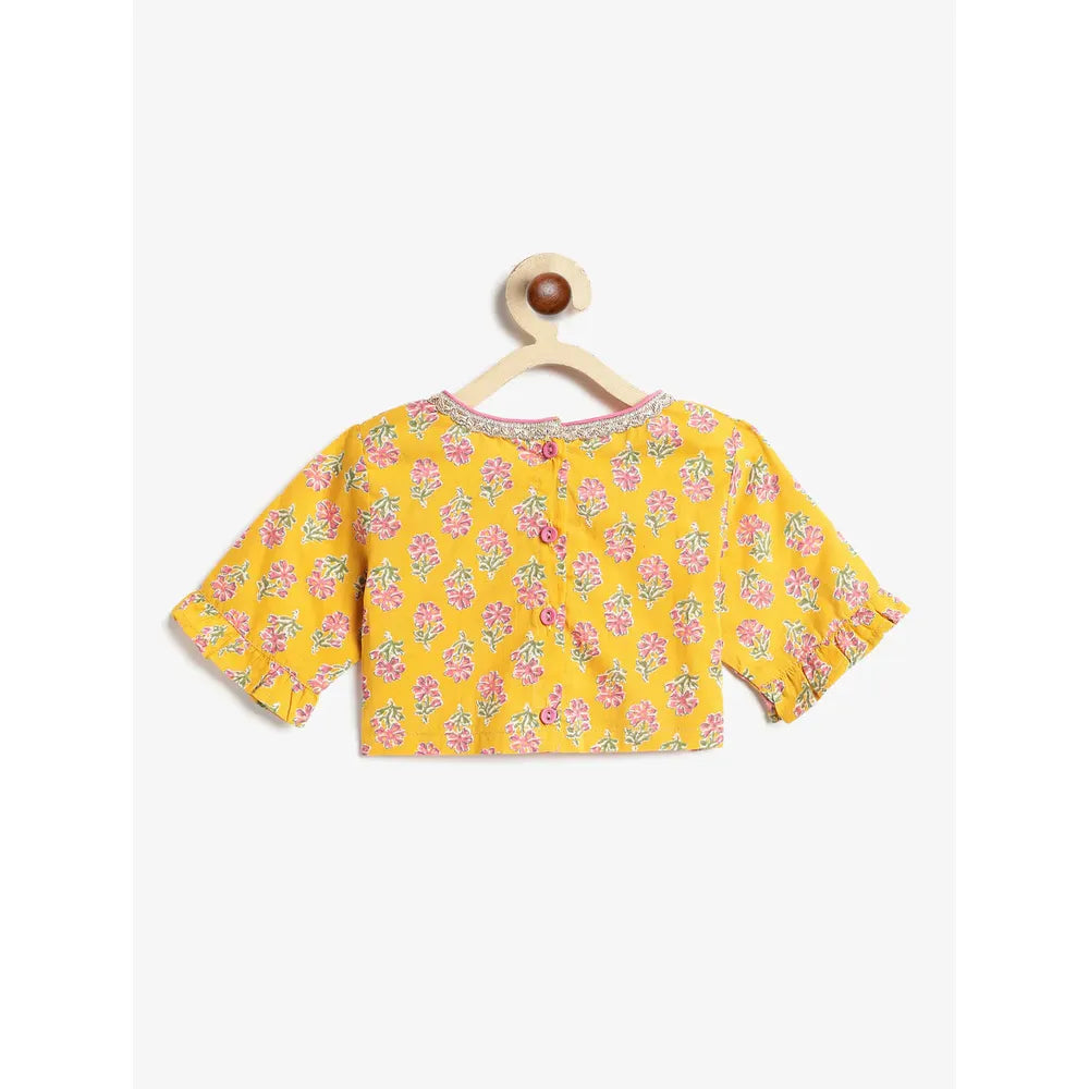 Campana Heera Lehenga Choli Set - Floral Block & Jaal Print | Yellow & Pink