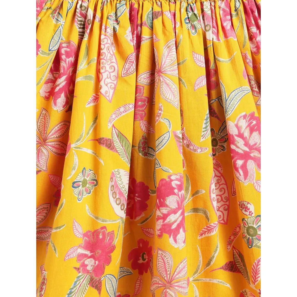 Campana Heera Lehenga Choli Set - Floral Block & Jaal Print | Yellow & Pink