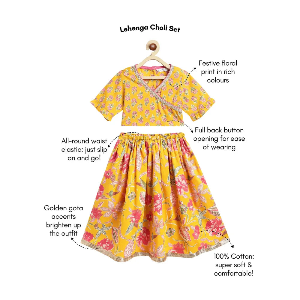 Campana Heera Lehenga Choli Set - Floral Block & Jaal Print | Yellow & Pink