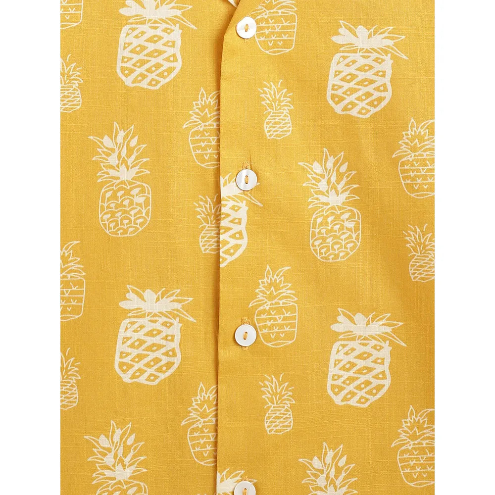 Campana Kenji Half Sleeves Printed Cotton Shirt - Pineapple Print | Yellow