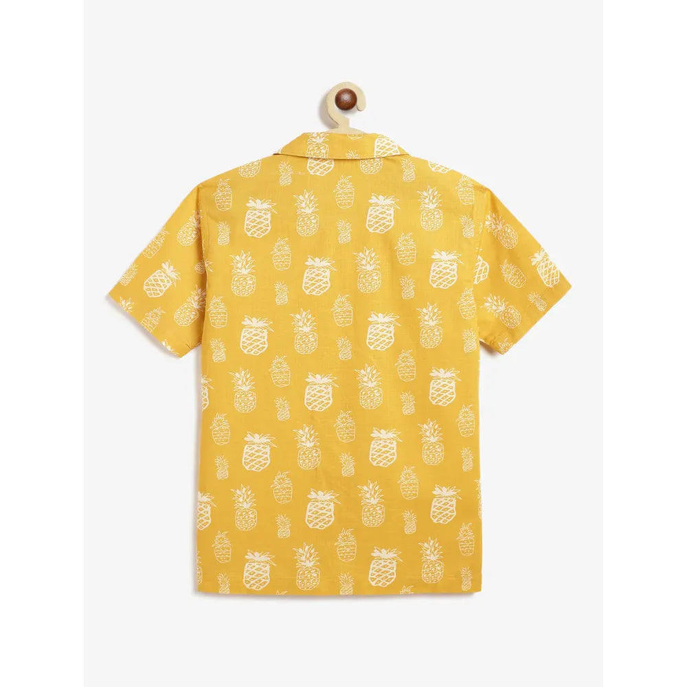 Campana Kenji Half Sleeves Printed Cotton Shirt - Pineapple Print | Yellow