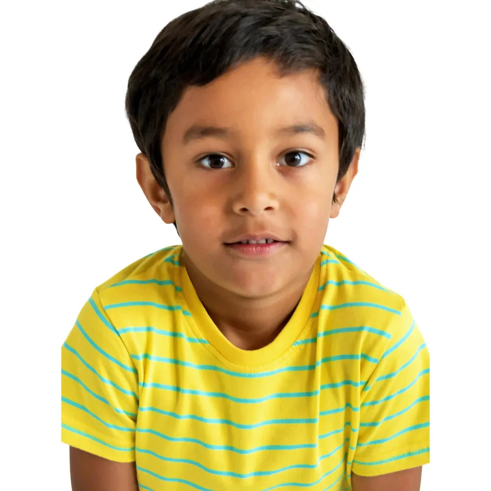 Campana Pure Cotton Short Sleeves Round Neck Striped T-Shirt | Yellow & Turquoise
