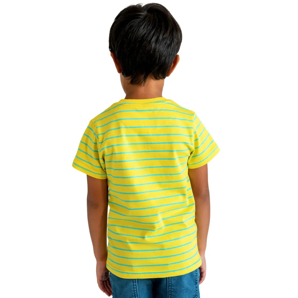 Campana Pure Cotton Short Sleeves Round Neck Striped T-Shirt | Yellow & Turquoise