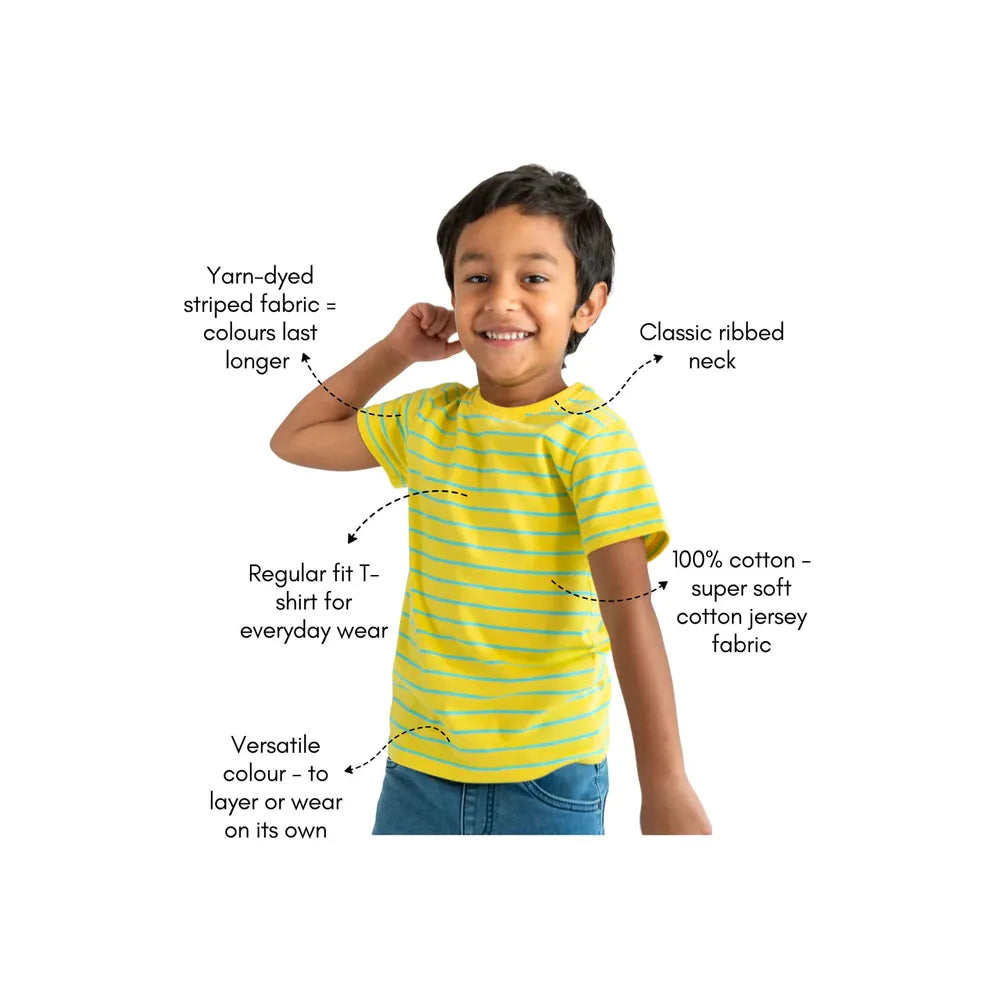 Campana Pure Cotton Short Sleeves Round Neck Striped T-Shirt | Yellow & Turquoise