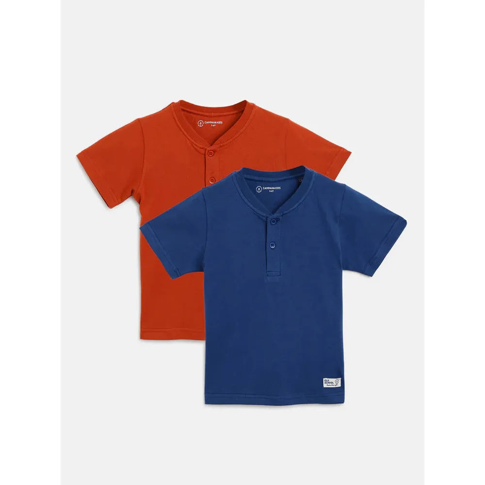Campana Pack of 2 Pure Cotton Alan Henley T-Shirts | Blue & Rust Orange