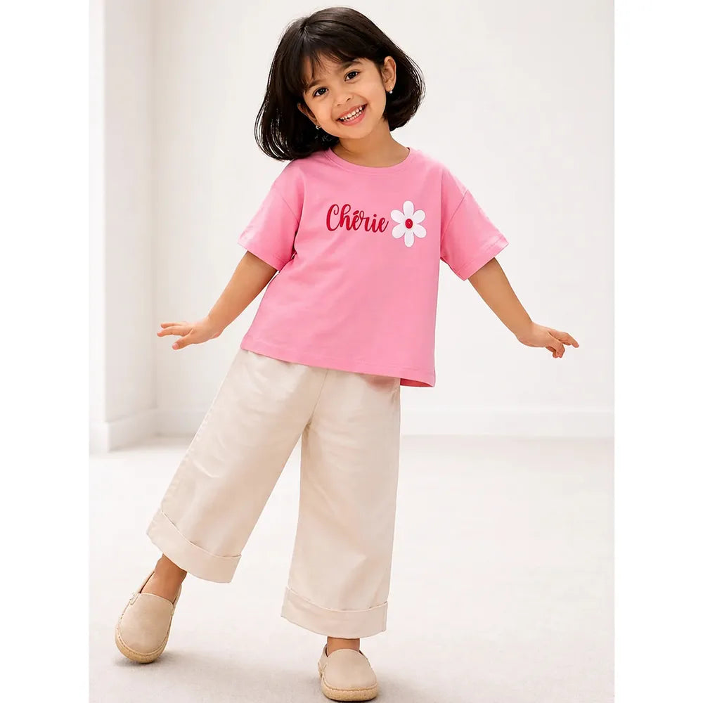 Campana Pure Cotton Drop Shoulder Typography Print T-Shirt | Pink