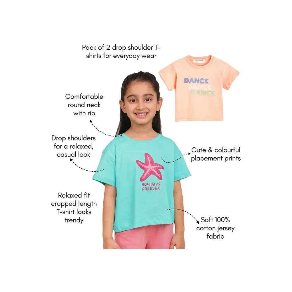 Campana Pack of 2 Drop Shoulder Half Sleeves Printed Cotton T-shirts - Zuri | Turquoise & Peach