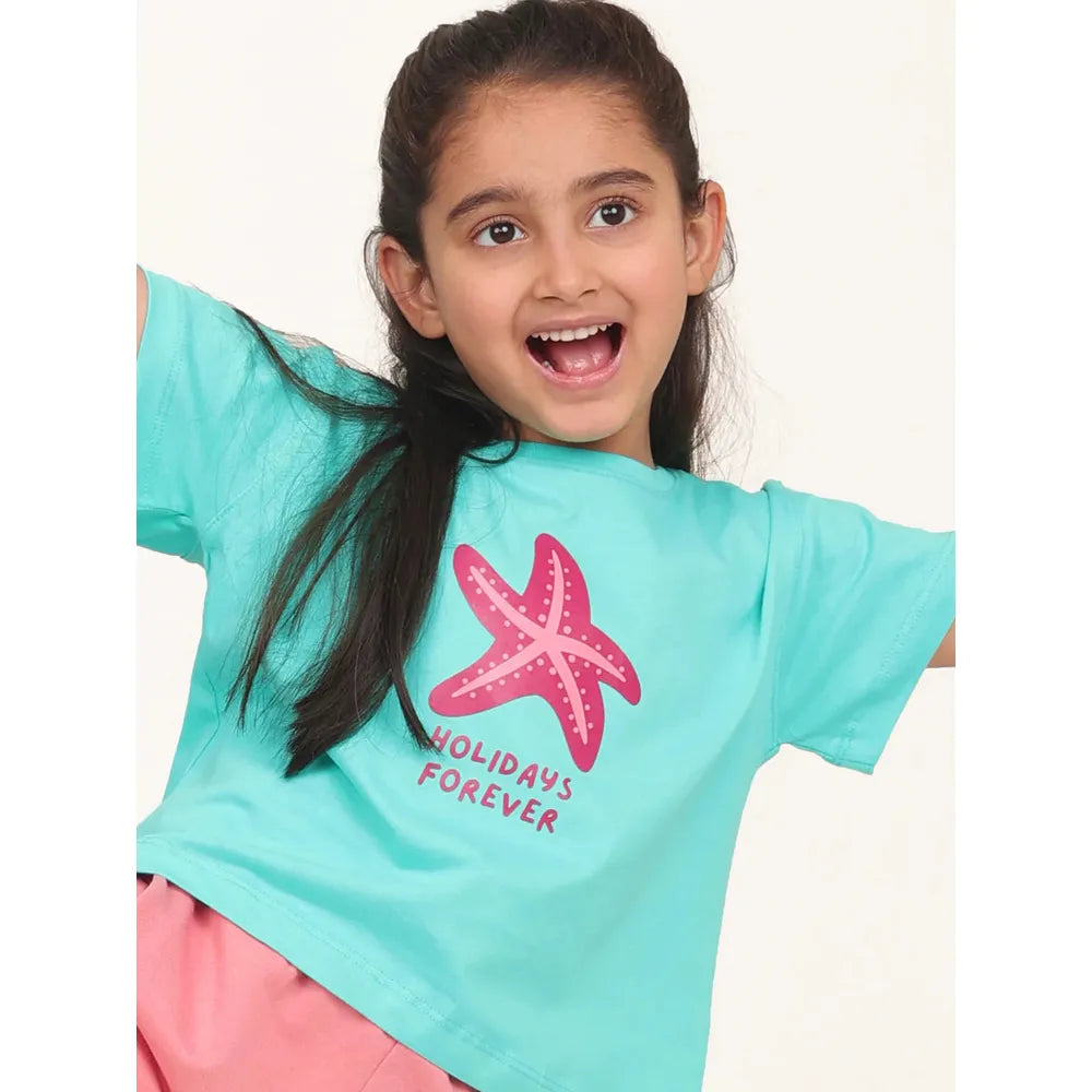 Campana Pack of 2 Drop Shoulder Half Sleeves Printed Cotton T-shirts - Zuri | Turquoise & Peach