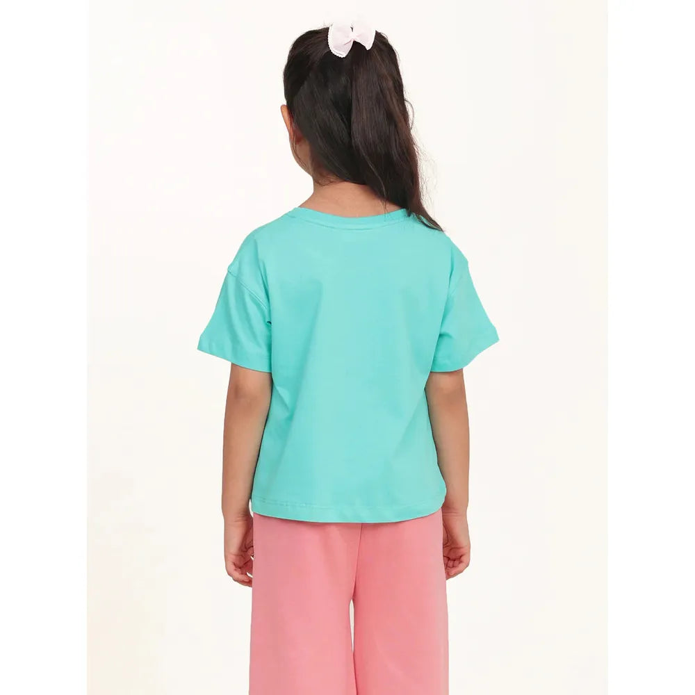 Campana Pack of 2 Drop Shoulder Half Sleeves Printed Cotton T-shirts - Zuri | Turquoise & Peach