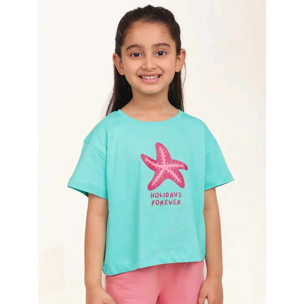 Campana Pack of 2 Drop Shoulder Half Sleeves Printed Cotton T-shirts - Zuri | Turquoise & Peach