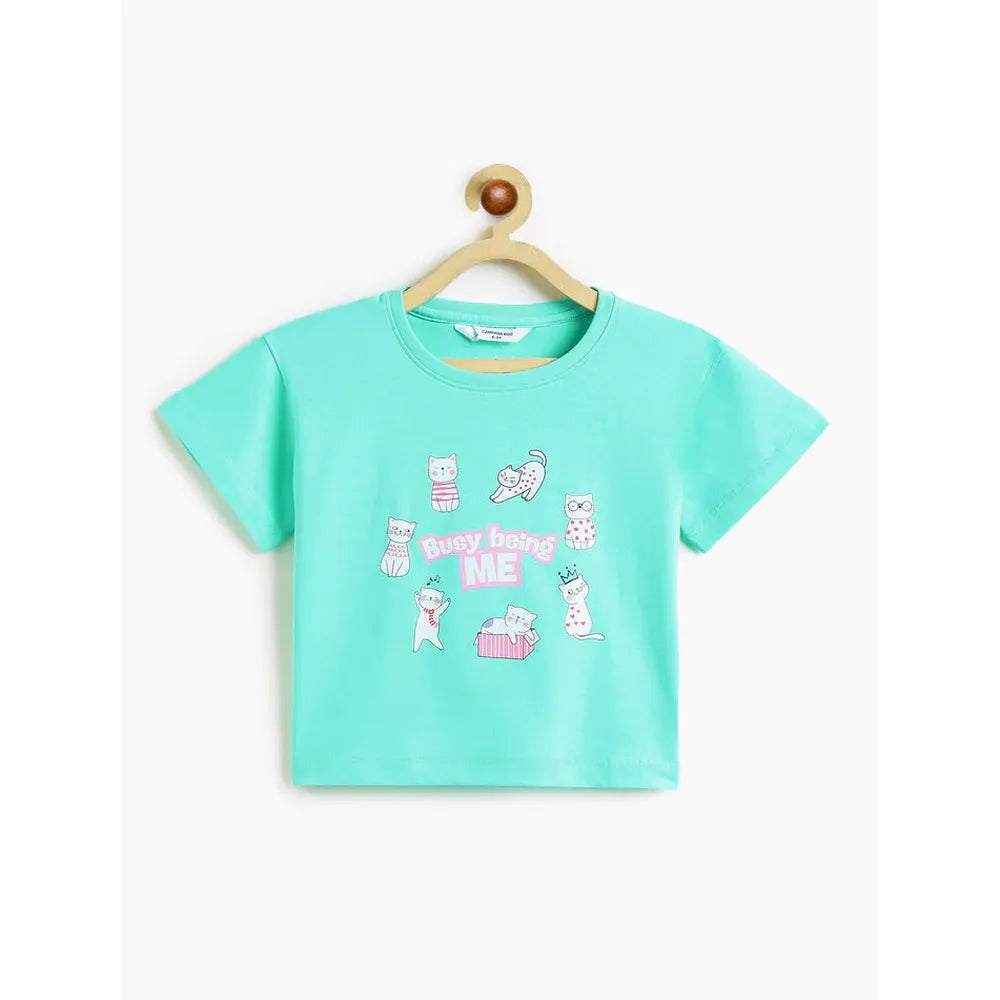 Campana Pure Cotton Drop Shoulder Busy Me Print T-Shirt | Aqua Blue