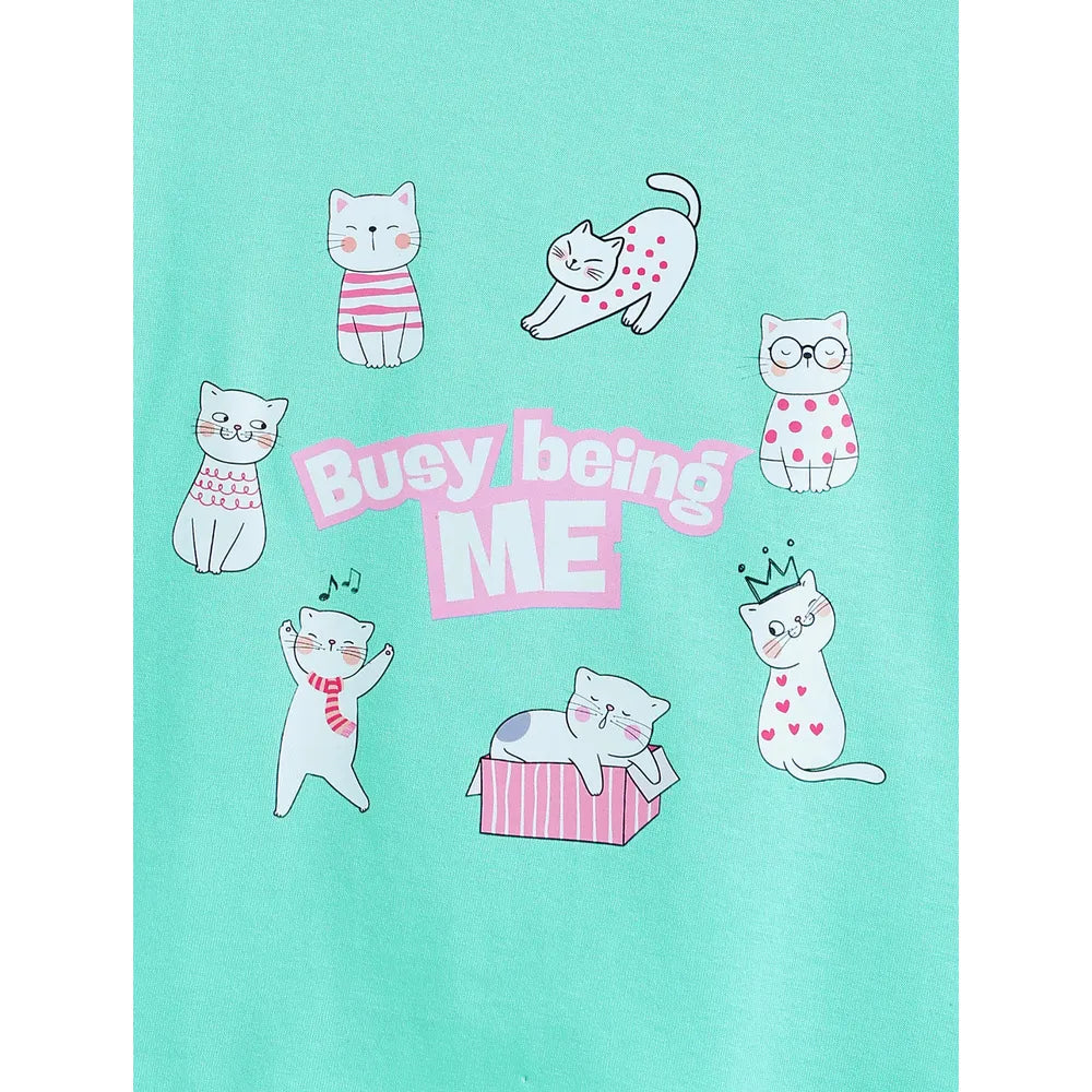 Campana Pure Cotton Drop Shoulder Busy Me Print T-Shirt | Aqua Blue