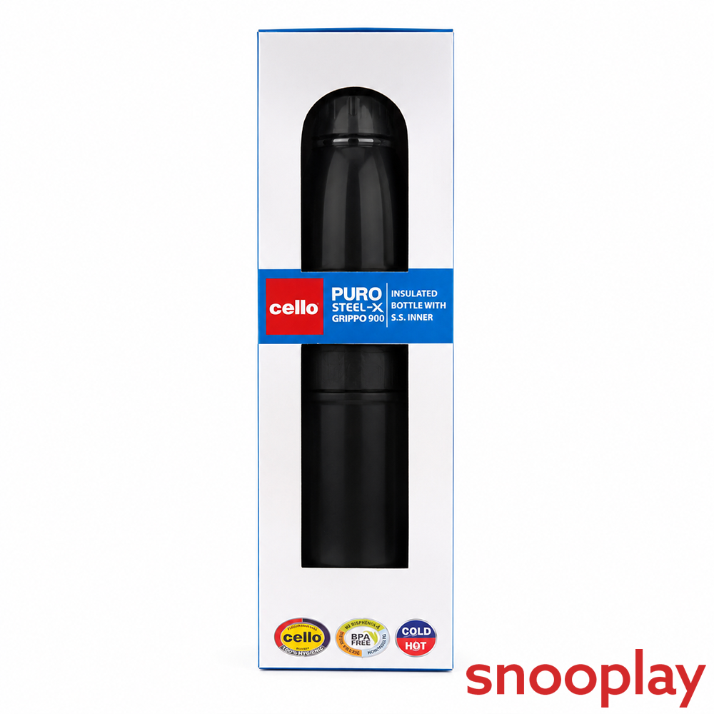 Cello Insulated Water Bottle with Stainless Steel  Inner - 800ml | Purosteel - X Grippo 900 | Black