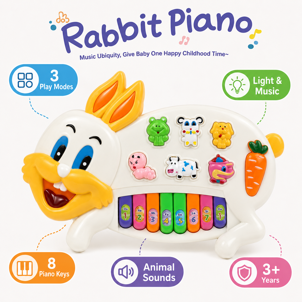 Rabbit Musical Piano Toy for Kids | 3 Play Modes | Animal Sounds & Lights