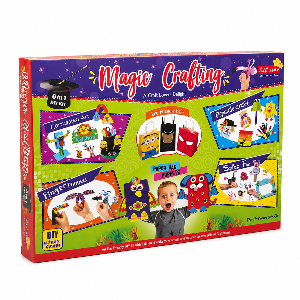 Lil' Star 6-in-1 DIY Magic Crafting Kit - Corrugated Art, Popsicle Craft, Spiro Fun, Finger Puppet and More