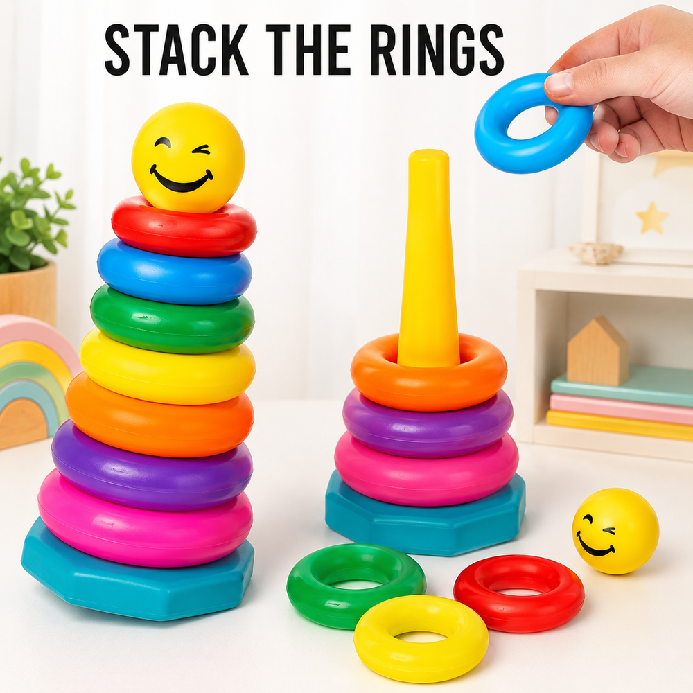 Ratna's Colourful Stacking Rings Toy with Smiley Ball | Develops Hand-Eye Coordination | Smooth Rolling Play