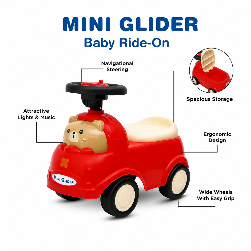 Mee Mee Mini Glider Baby Ride-on with Lights & Music (1-3 Years) | Weight Capacity: 30kg | Red