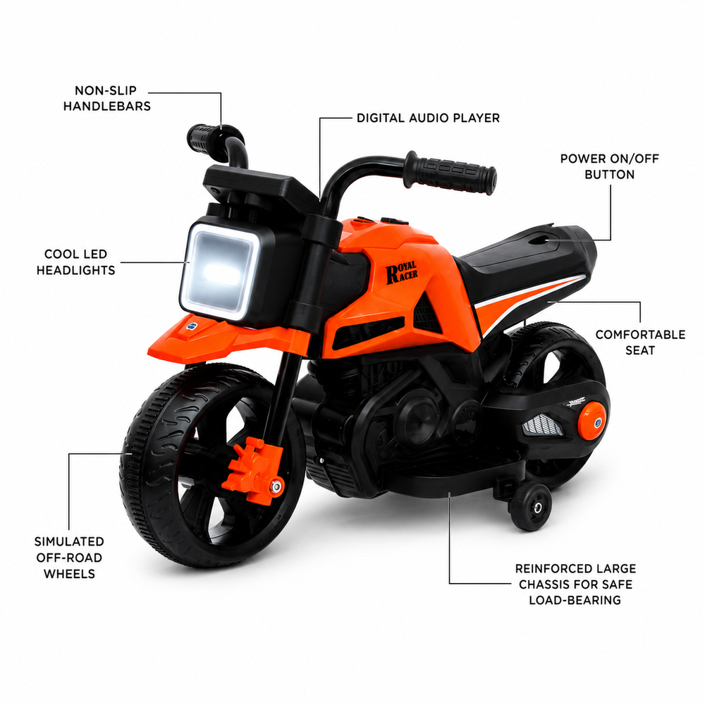 Mee Mee Royal Racer Electric Bike for Kids - LED Headlights, Bluetooth Music, Food Accelerator, Large Capacity Battery | Red