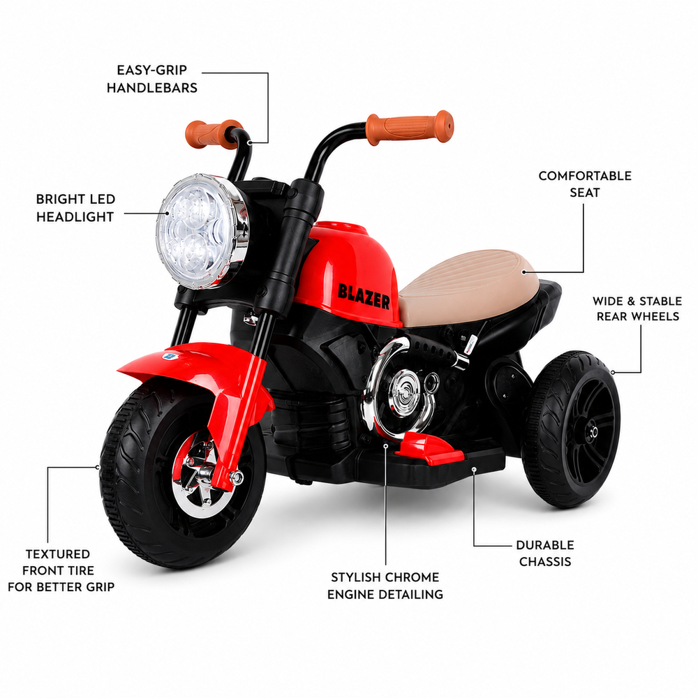 Mee Mee Blazer Electric Bike for Kids - LED Headlights, Bluetooth Music, Foot Accelerator, Large Capacity Battery |  Red