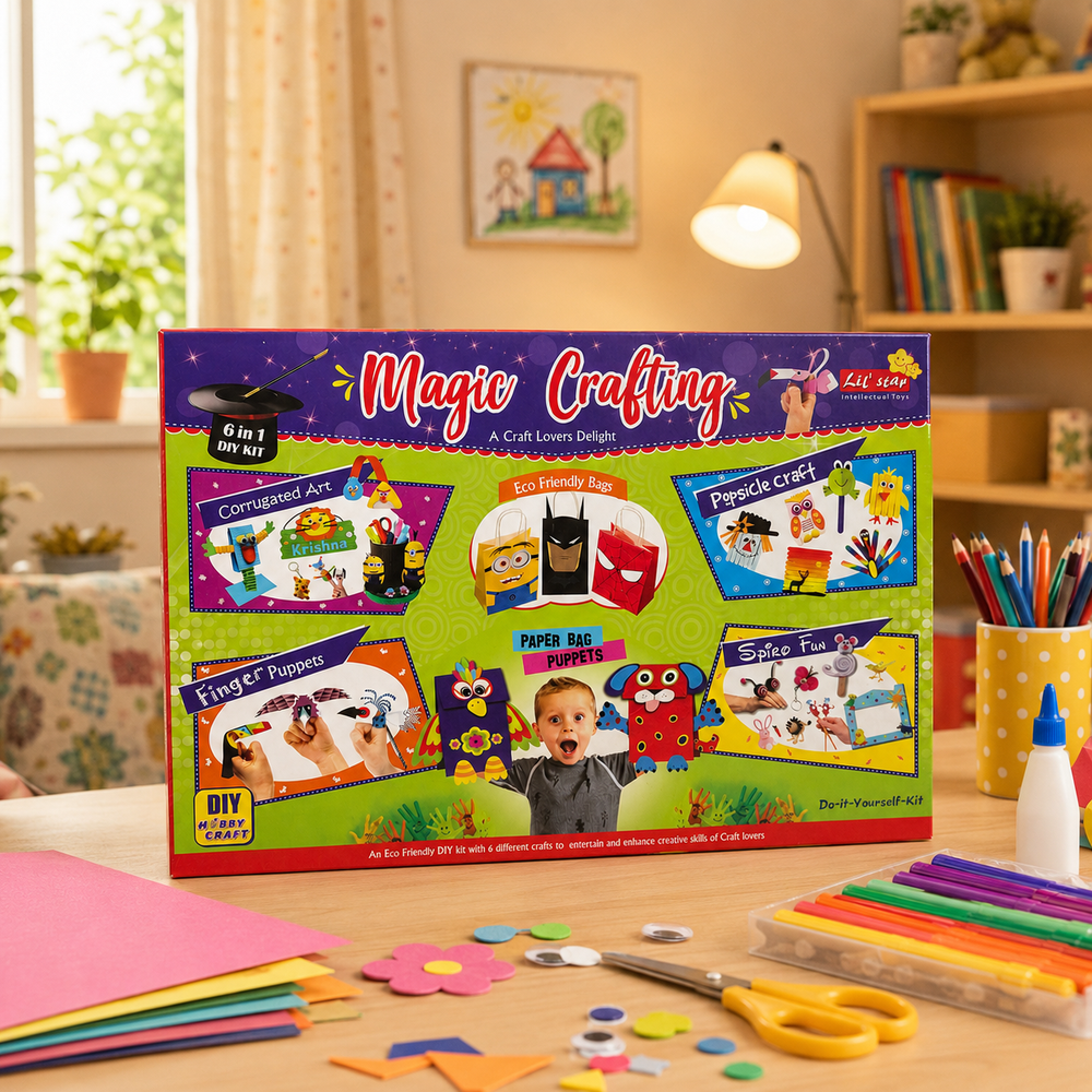 Lil' Star 6-in-1 DIY Magic Crafting Kit - Corrugated Art, Popsicle Craft, Spiro Fun, Finger Puppet and More