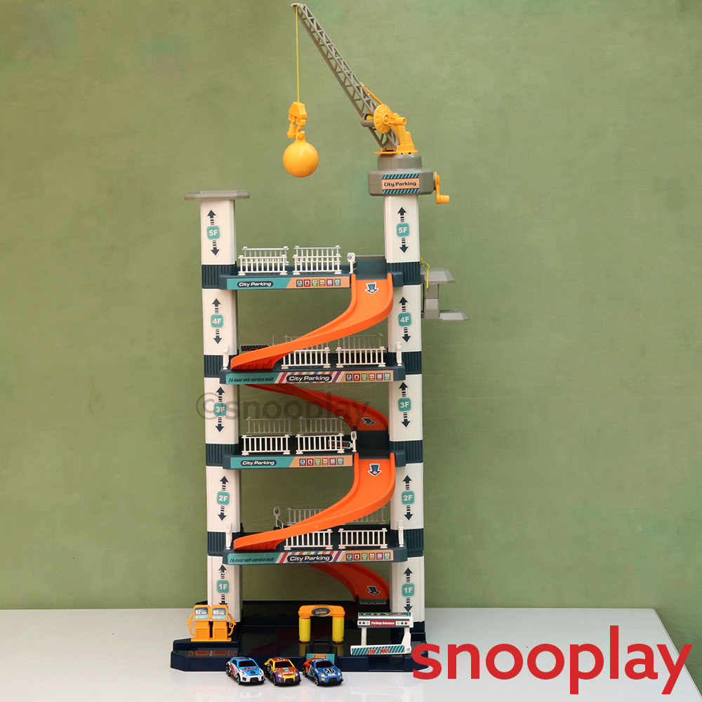 5-Tier City Car Parking Garage Playset with Hand Controlled Magnetic Crane & 3 Racing Cars (3-8 Years)