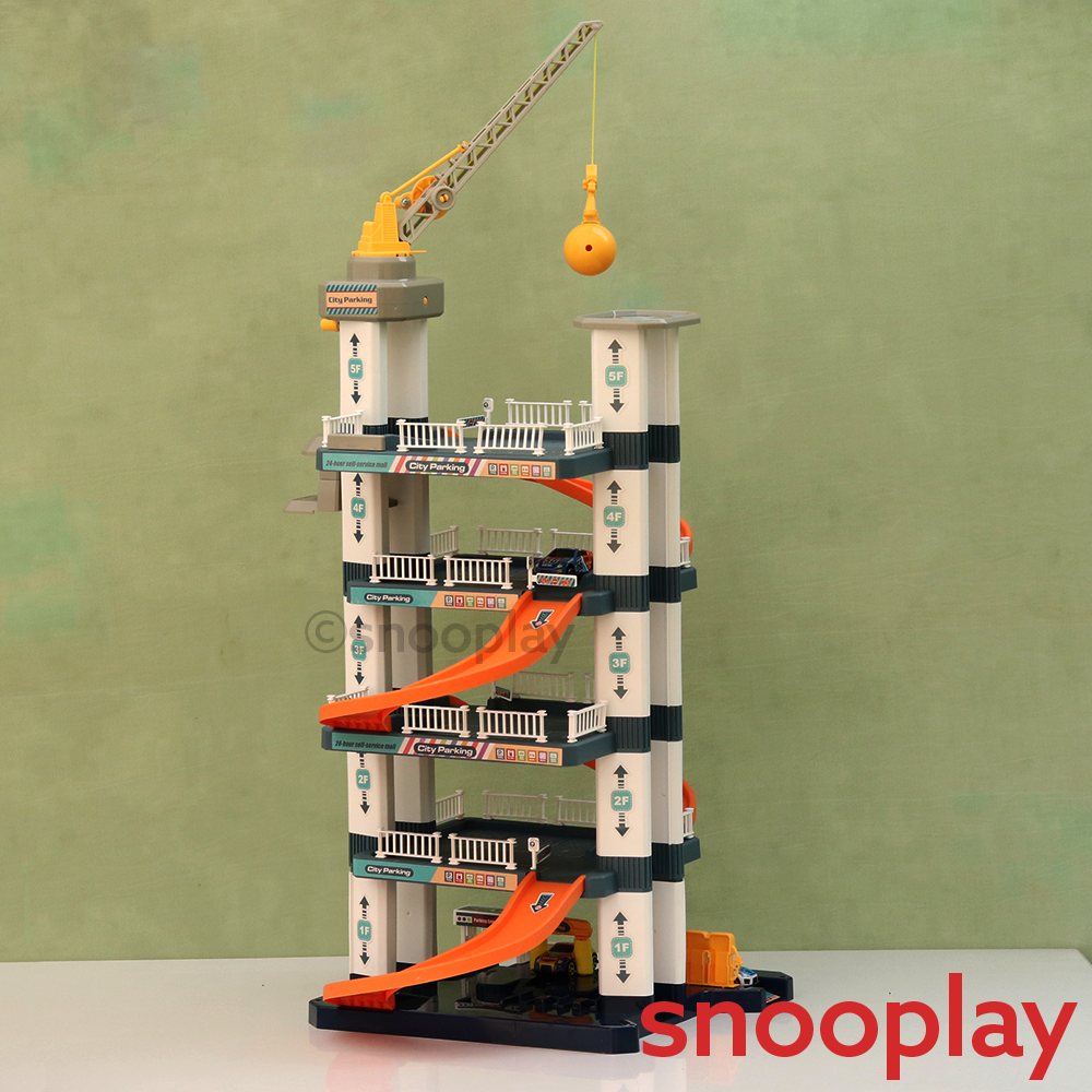 5-Tier City Car Parking Garage Playset with Hand Controlled Magnetic Crane & 3 Racing Cars (3-8 Years)