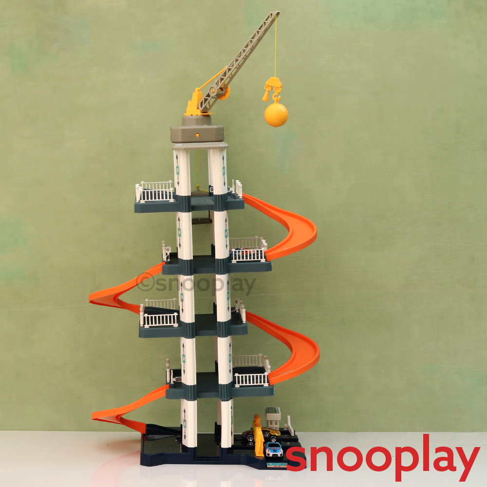 5-Tier City Car Parking Garage Playset with Hand Controlled Magnetic Crane & 3 Racing Cars (3-8 Years)