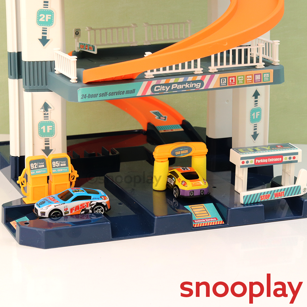 5-Tier City Car Parking Garage Playset with Hand Controlled Magnetic Crane & 3 Racing Cars (3-8 Years)