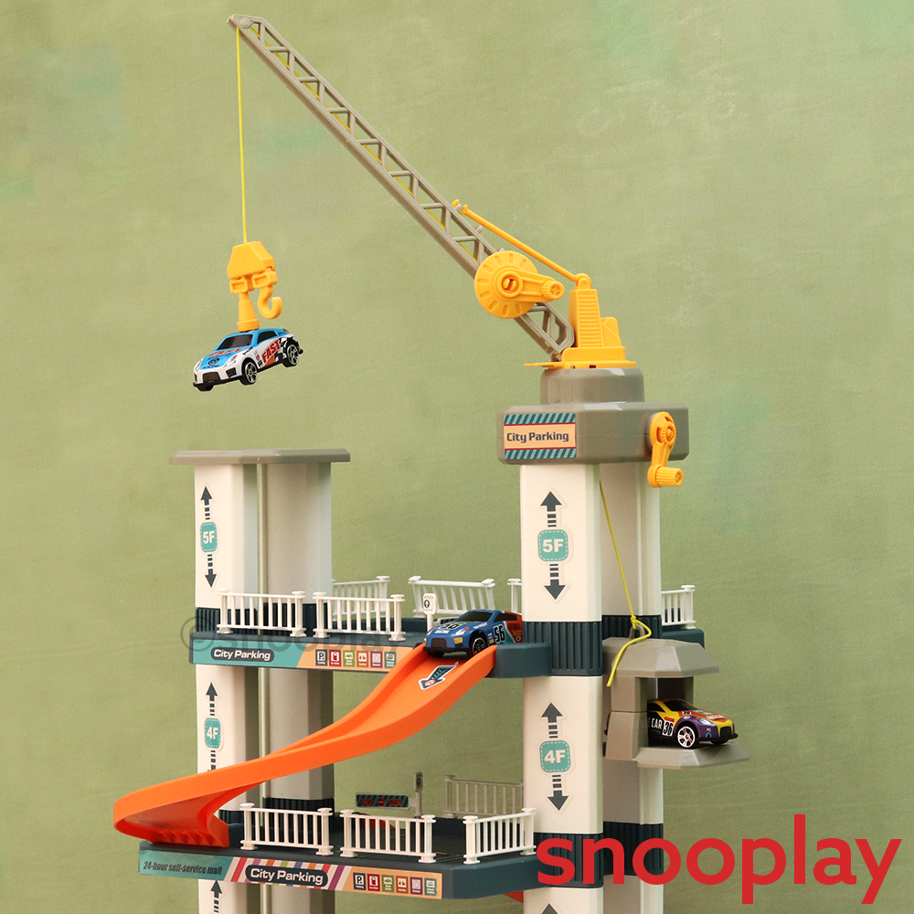 5-Tier City Car Parking Garage Playset with Hand Controlled Magnetic Crane & 3 Racing Cars (3-8 Years)
