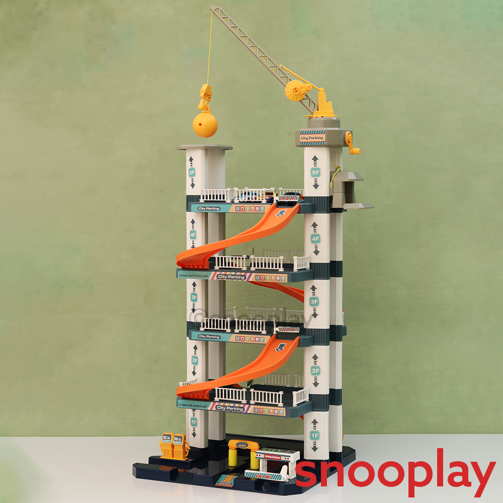 5-Tier City Car Parking Garage Playset with Hand Controlled Magnetic Crane & 3 Racing Cars (3-8 Years)