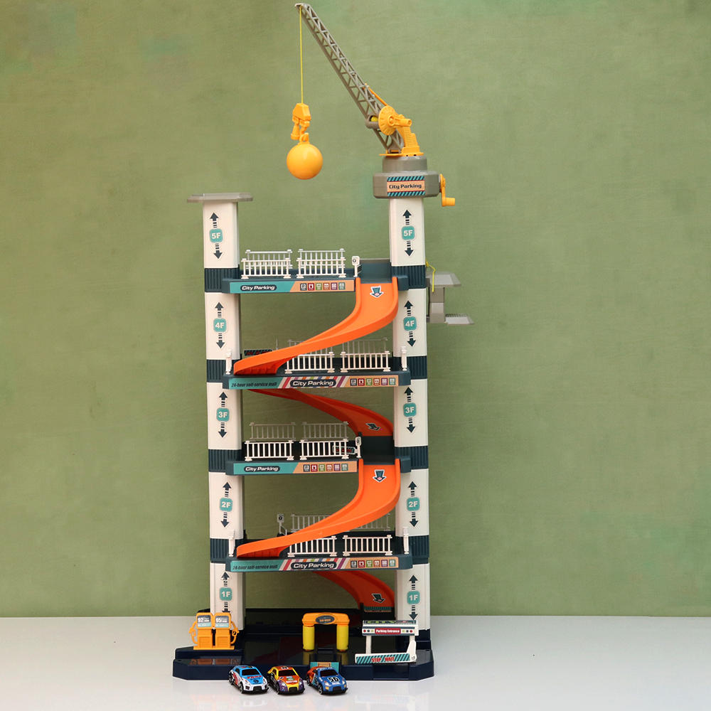 5-Tier City Car Parking Garage Playset with Hand Controlled Magnetic Crane & 3 Racing Cars (3-8 Years)
