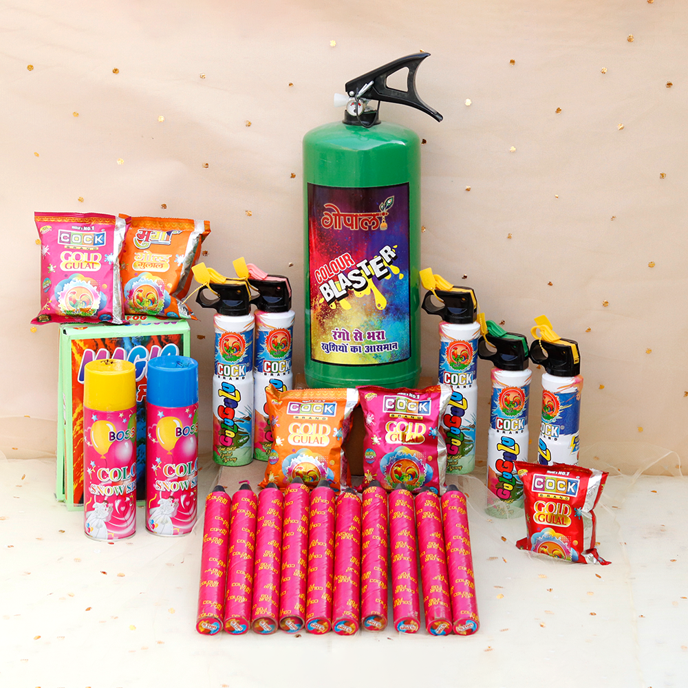 Colour Craze Holi Combo: 1 Cylinder (4kg), 1 Box of Gulugulu, 2 Boxes of Color Fog, 2 Snow Spray (110ml) & 5 Packets of Gulaal | Assorted Colors & Prints