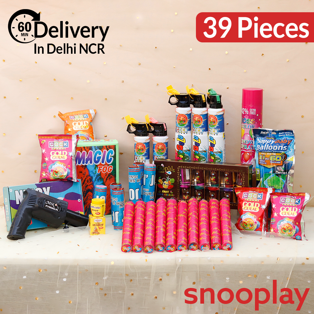 Colourblast Holi Combo: Gulaal Shots, Boxes of Color Fog, Snow Spray, Blaster, Ignitors, Balloons, Chandan, Water Colors & Gulaal | Assorted Colors & Prints