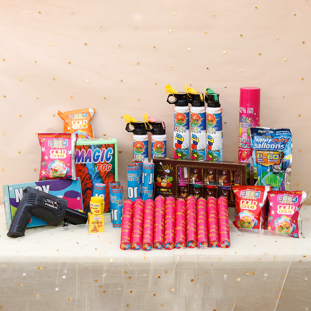 Colourblast Holi Combo: Gulaal Shots, Boxes of Color Fog, Snow Spray, Blaster, Ignitors, Balloons, Chandan, Water Colors & Gulaal | Assorted Colors & Prints