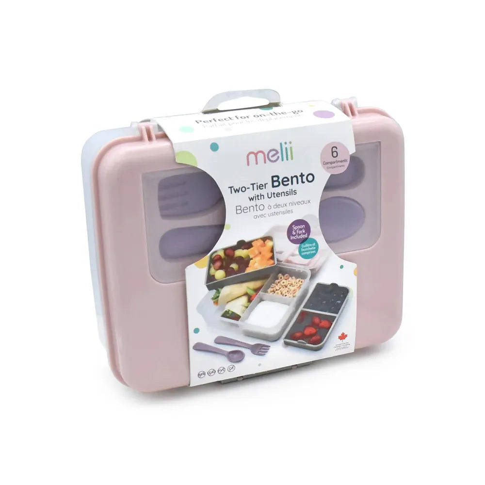 Melii 2 Tier Bento Lunch Box with 6 Compartments & Removable Top Tier | Includes Spoon & Fork