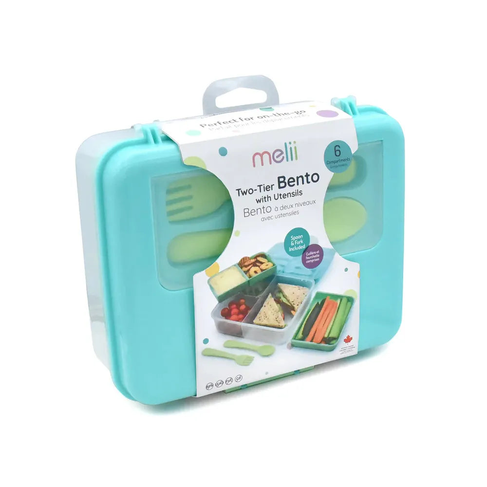 Melii 2 Tier Bento Lunch Box with 6 Compartments & Removable Top Tier | Includes Spoon & Fork
