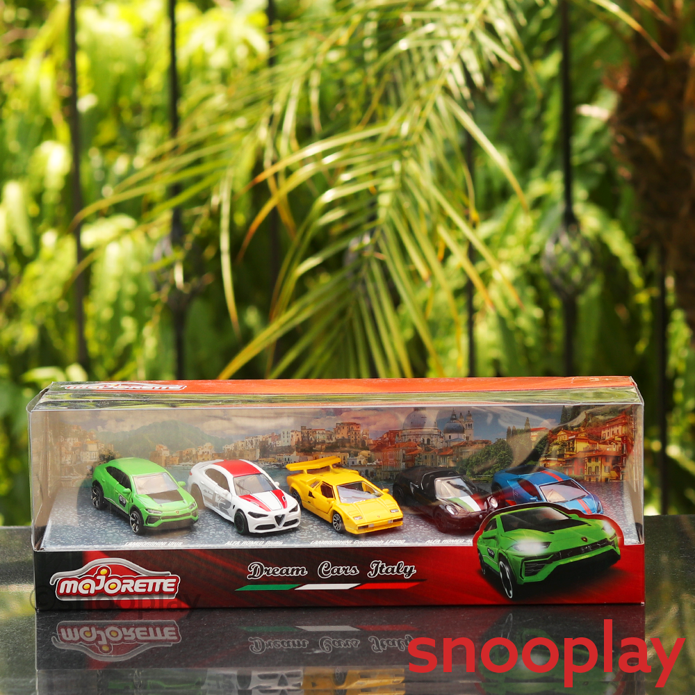 Original Licensed Majorette Set of 5 Dream Cars Italy - Lamborghini Urus, Alfa Romeo Giulia, Lamborghini Countach LP400, Alfa Romeo 4C Spider, Lamborghini Huracan Avio