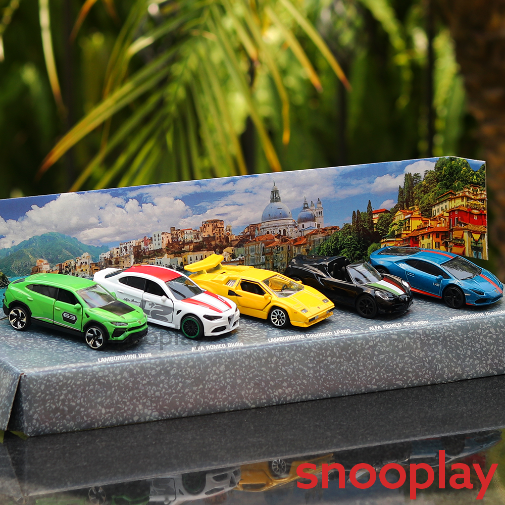 Original Licensed Majorette Set of 5 Dream Cars Italy - Lamborghini Urus, Alfa Romeo Giulia, Lamborghini Countach LP400, Alfa Romeo 4C Spider, Lamborghini Huracan Avio