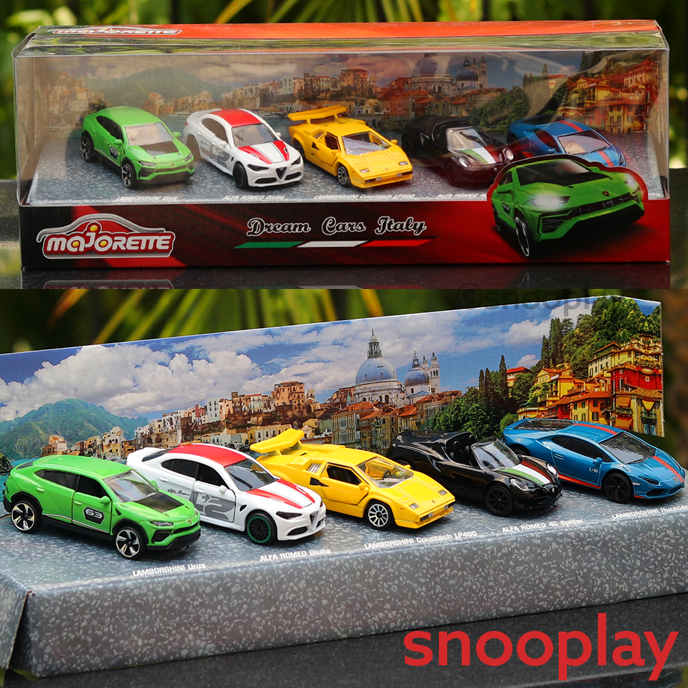 Original Licensed Majorette Set of 5 Dream Cars Italy - Lamborghini Urus, Alfa Romeo Giulia, Lamborghini Countach LP400, Alfa Romeo 4C Spider, Lamborghini Huracan Avio