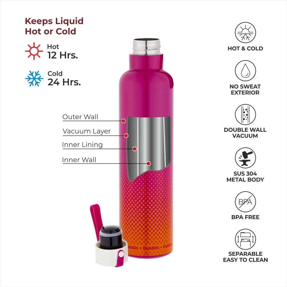 Dubblin Bang Bang Stainless Steel Water Bottle - 1000ml | Keeps Water Hot & Cold - Pink