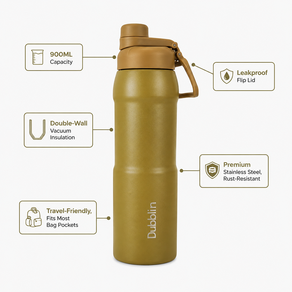 Dubblin Crest Insulated Water Bottle with Flip Lid - 900ml | Stainless Steel Vacuum Flask - Green