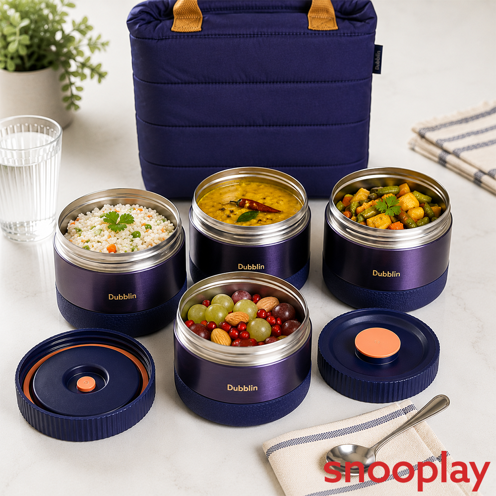 Dubblin 4 Container Insulated Thermosteel Lunch Box with Insulated Bag - 1.2L |  Purple | Eat Some More