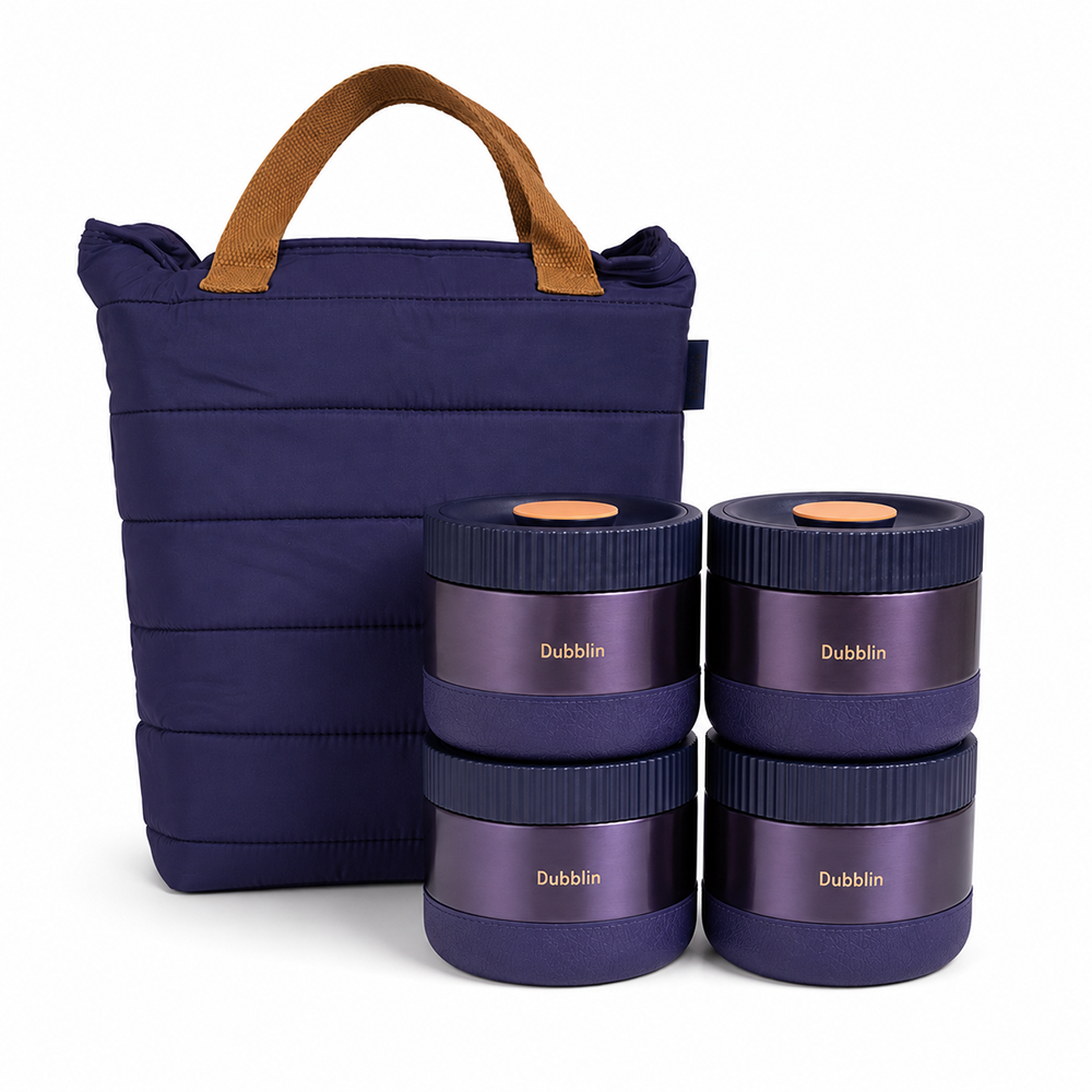 Dubblin 4 Container Insulated Thermosteel Lunch Box with Insulated Bag - 1.2L |  Purple | Eat Some More